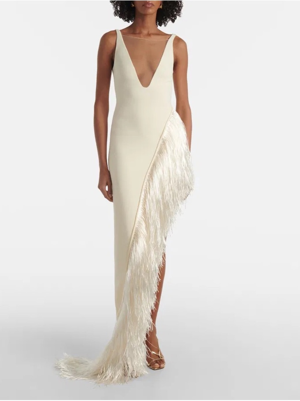 David Koma Cady Asymmetrical Fringe Evening Dress - Cream NWT